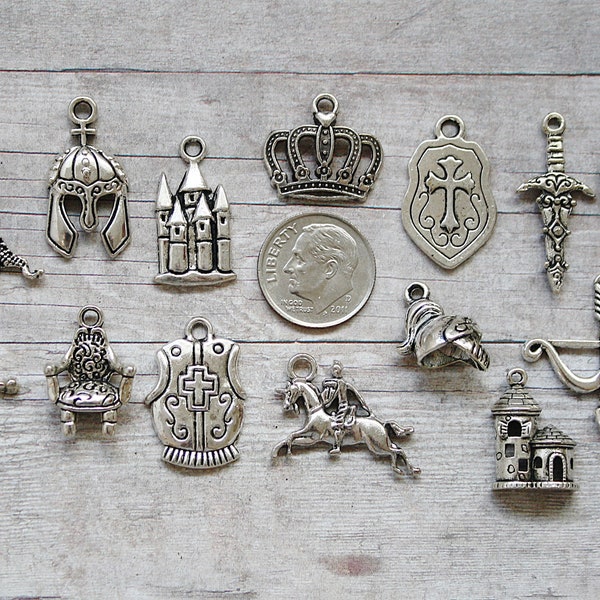 14pc or 5pc Medieval / Knight Charm Set Lot Collection / Jewelry, Scrapbooking /Choose Charms, Split Rings, Lobster Clasps or European Bails