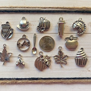 May include: A collection of 14 silver charm pendants featuring fall and autumn themes, including a coffee cup, pumpkin, pie, maple leaf, acorn, and cupcake.