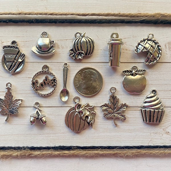 13pc or 5pc Pumpkin Spice Charm Set Lot Collection /Jewelry,Scrapbooking,Crafts/Choose Charms, Split Rings, Lobster Clasps or European Bails