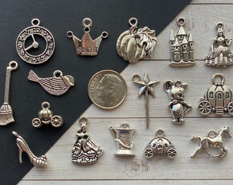 16pc or 5pc Cinderella Charm Set Lot Collection/ Jewelry, Scrapbooking, Crafts/ Choose Charms, Split Rings, Lobster Clasps or European Bails