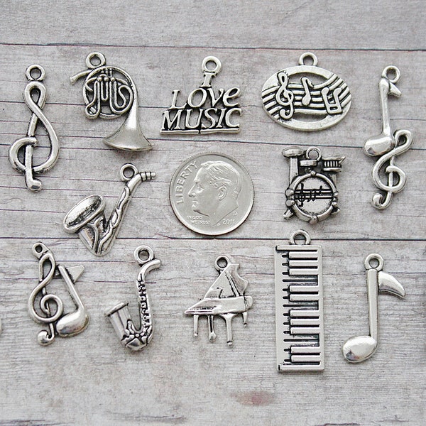 16pc or 5pc Music/I Love Music Charm Set Lot Collection /Jewelry, Scrapbooking /Choose Charms, Split Rings, Lobster Clasps or European Bails