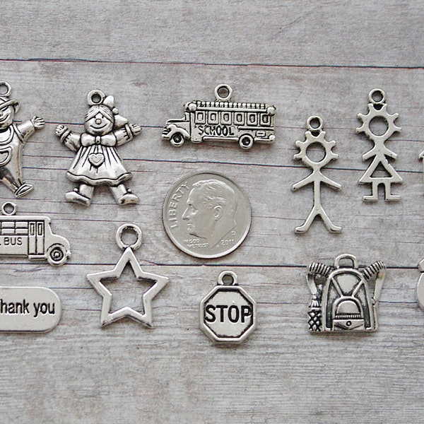 12pc or 5pc School Bus Driver Charm Set Lot Collection / Jewelry, Scrapbook / Choose Charms, Split Rings, Lobster Clasps or European Bails