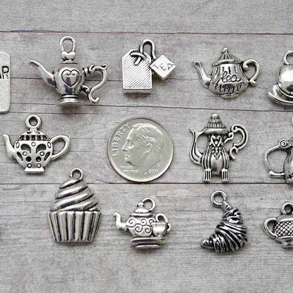 13pc  or 5pc Tea Time Charm Set Lot Collection / Jewelry, Scrapbooking, Crafts /Choose Charms, Split Rings, Lobster Clasps or European Bails