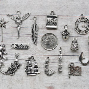 15pc or 5pc Peter Pan Charm Set Lot Collection / Jewelry, Scrapbooking, Crafts /Choose Charms, Split Rings, Lobster Clasps,or European Bails