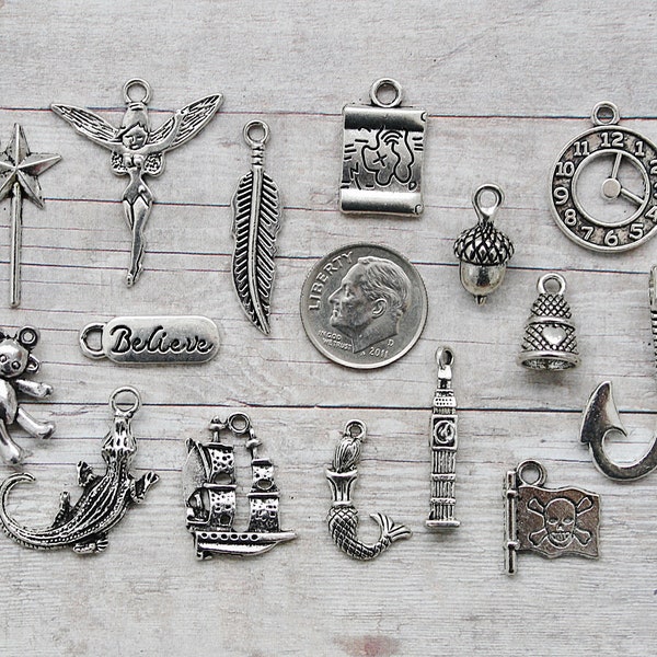 15pc or 5pc Peter Pan Charm Set Lot Collection / Jewelry, Scrapbooking, Crafts /Choose Charms, Split Rings, Lobster Clasps,or European Bails