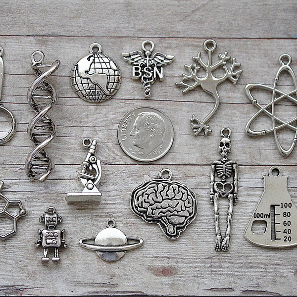 13pc or 5pc Scientist / Science Charm Set Lot Collection /Jewelry, Scrapbooking/Choose Charms, Split Rings, Lobster Clasps or European Bails