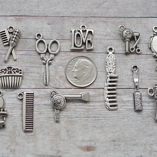 12pc or 5pc Hairdresser / Hairstylist Charm Set Lot Collection /Jewelry, Scrapbooking / Choose Split Rings, Lobster Clasps or European Bails