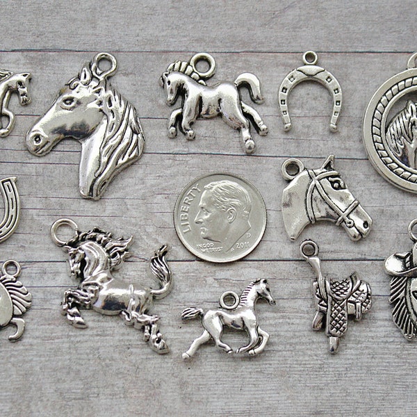 12pc or 5pc Horses Charm Set Lot Collection / Jewelry, Scrapbooking, Crafts / Choose Charms, Split Rings, Lobster Clasps or European Bails
