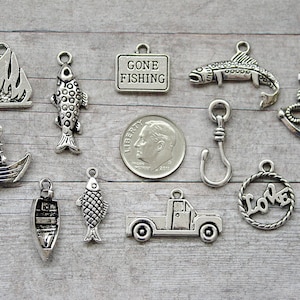 12pc or 5pc Fishing Charm Set Lot Collection / Jewelry, Scrapbooking, Crafts / Choose Charms, Split Rings, Lobster Clasps or European Bails