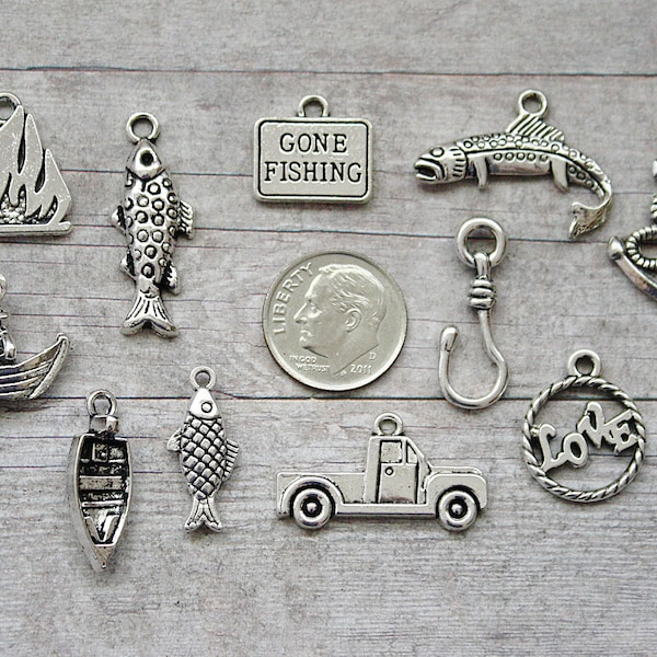 12pc or 5pc Fishing Charm Set Lot Collection / Jewelry, Scrapbooking, Crafts / Choose Charms, Split Rings, Lobster Clasps or European Bails