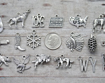 19pc or 5pc State of Wyoming Charm Set Lot Collection / Choose Charms, Split Rings, Lobster Clasps or Bails