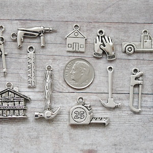12pc or 5pc Construction Worker Charm Set Lot Collection / Jewelry, Scrapbooking/ Choose Charms, Split Rings, Lobster Clasps, European Bails