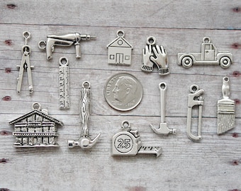 12pc or 5pc Construction Worker Charm Set Lot Collection /  Choose Charms, Split Rings, Lobster Clasps or Bails