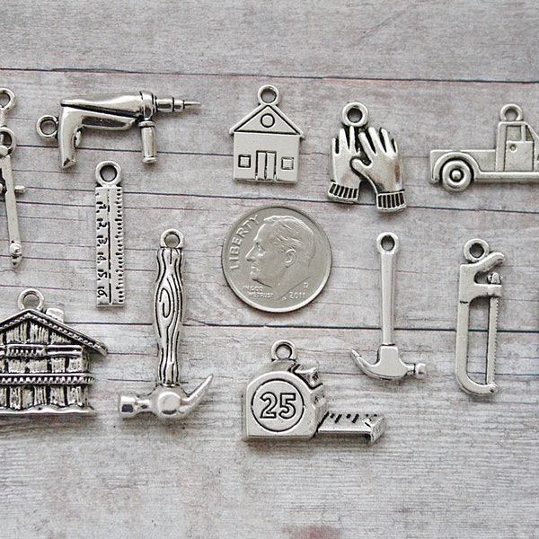 12pc or 5pc Construction Worker Charm Set Lot Collection / Jewelry, Scrapbooking/ Choose Charms, Split Rings, Lobster Clasps, European Bails