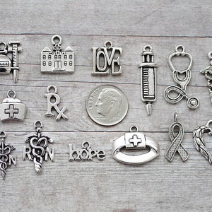14pc or 5pc RN Nurse Charm Set Lot Collection / Jewelry, Scrapbooking, Crafts / Choose Charms, Split Rings, Lobster Clasps or European Bails