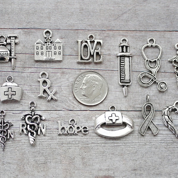 14pc or 5pc RN Nurse Charm Set Lot Collection / Jewelry, Scrapbooking, Crafts / Choose Charms, Split Rings, Lobster Clasps or European Bails