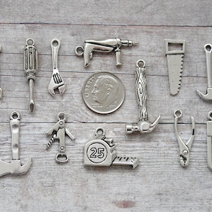 12pc or 5pc Handyman Tools Charm Set Lot Collection / Jewelry, Scrapbooking / Choose Charms, Split Rings, Lobster Clasps or European Bails