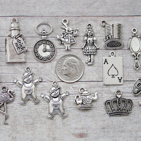 16pc or 5pc Alice In Wonderland Charm Set Lot Collection /Jewelry, Scrapbooking/Choose Charms, Split Rings, Lobster Clasps or European Bails