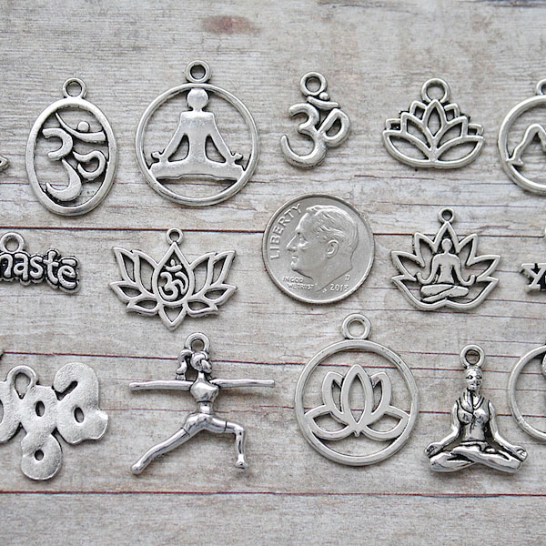 15pc or 5pc Yoga / Yoga Instructor Charm Set Lot Collection /Jewelry, Scrapbook/Choose Charms, Split Rings, Lobster Clasps or European Bails