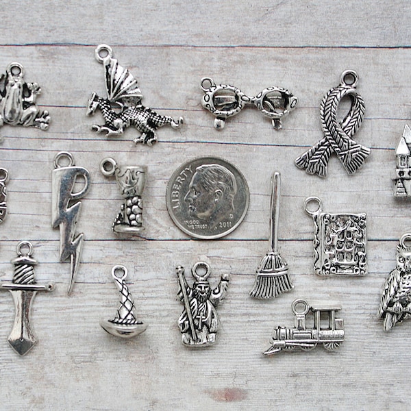 15pc or 5pc Wizard School Charm Set Lot Collection / Jewelry, Crafts,Scrapbook /Choose Charms, Split Rings, Lobster Clasps or European Bails