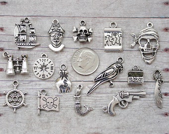 15pc or 5pc Pirate Charm Set Lot Collection / Jewelry, Scrapbooking, Crafts / Choose Charms, Split Rings, Lobster Clasps or European Bails