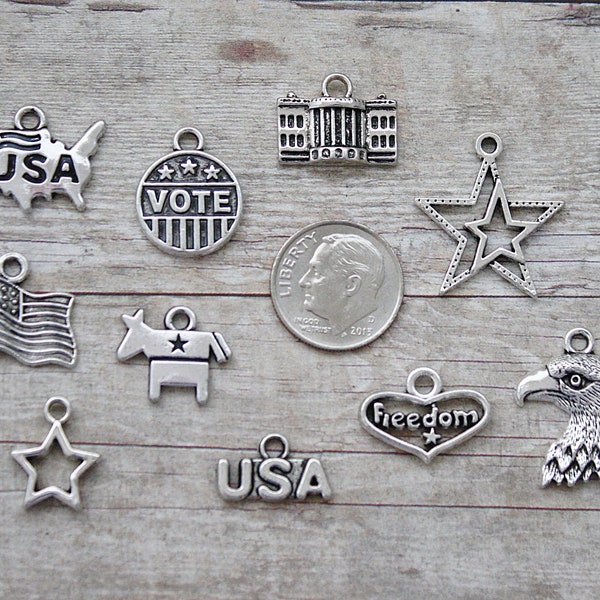 11pc or 5pc Voting Democrat Charm Set Lot Collection / Jewelry, Scrapbooking / Choose Charms, Split Rings, Lobster Clasps or European Bails