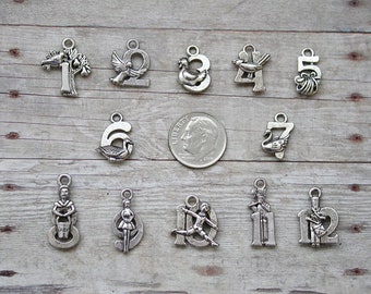 12pc 12 Days of Christmas Charm Set Lot Collection / Jewelry, Scrapbooking / Choose Charms, Split Rings, Lobster Clasps or European Bails