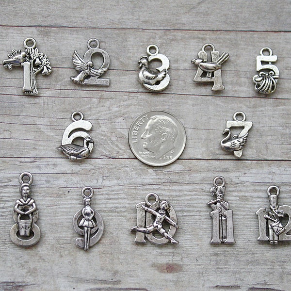 12pc 12 Days of Christmas Charm Set Lot Collection / Jewelry, Scrapbooking / Choose Charms, Split Rings, Lobster Clasps or European Bails