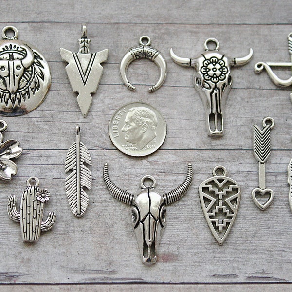 12pc or 5pc Bohemian / Boho Charm Set Lot Collection / Jewelry, Scrapbooking / Choose Charms, Split Rings, Lobster Clasps or European Bails