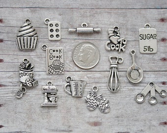 13pc or 5pc Baking / Cooking Charm Set Lot Collection / Jewelry, Scrapbooking /Choose Charms, Split Rings, Lobster Clasps or  European Bails