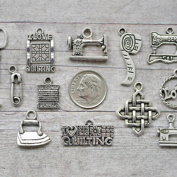 13pc or 5pc Quilting / Quilter Charm Set Lot Collection / Jewelry,Scrapbooking /Choose Charms, Split Rings, Lobster Clasps or European Bails