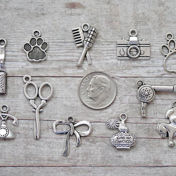 11pc or 5pc Dog Groomer Charm Set Lot Collection / Jewelry, Scrapbooking / Choose Charms, Split Rings, Lobster Clasps or European Bails
