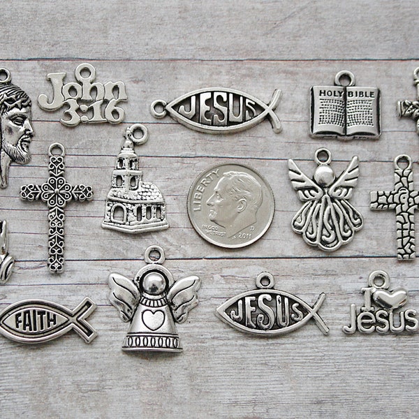 14pc or 5pc Religious Charm Set Lot Collection / Jewelry, Scrapbooking, Crafts /Choose Charms, Split Rings, Lobster Clasps or European Bails