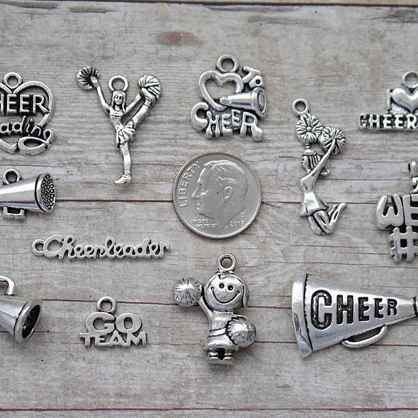 12pc or 5pc Cheerleader Charm Set Lot Collection / Jewelry, Scrapbooking, Crafts/Choose Charms, Split Rings, Lobster Clasp or European Bails