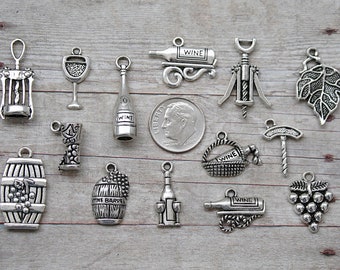 14pc or 5pc Wine / Winery Charm Set Lot Collection / Jewelry, Scrapbooking / Choose Charms, Split Rings, Lobster Clasps or European Bails