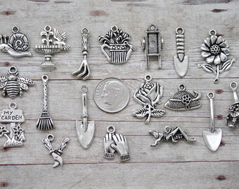 18pc or 5pc Gardening Charm Set Lot Collection / Scrapbooking, Crafts, Jewelry /Choose Charms, Split Rings, Lobster Clasps or European Bails