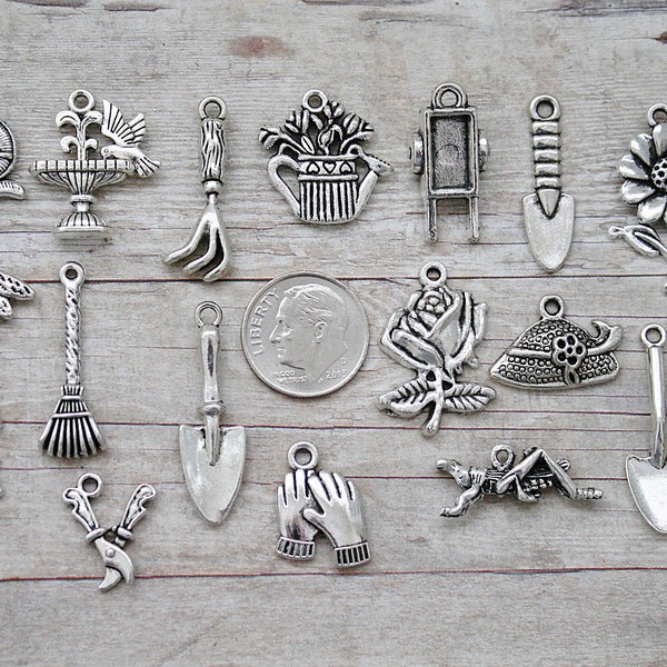 18pc or 5pc Gardening Charm Set Lot Collection / Scrapbooking, Crafts, Jewelry /Choose Charms, Split Rings, Lobster Clasps or European Bails