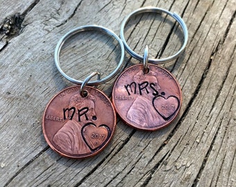 Anniversary husband,  gift for him, Penny key chain, Mr. and Mrs. key chains, gift for couples, personalized wedding gifts, husband wife