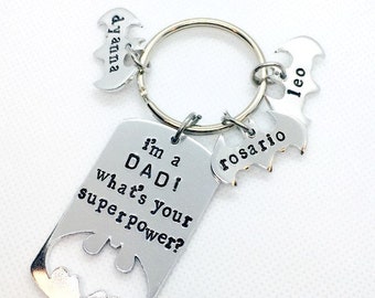 Super hero Fathers day gifts from son, personalized keychains, What's your superpower?, best gifts for grandpa, superhero dad, gifts for him
