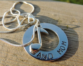 Personalized Band Mom Necklace, Music Note Charm, Sterling Silver Plated Chain