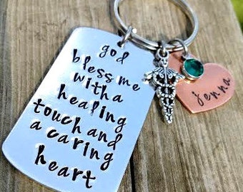 Personalized Nursing student gift, keychain for nurse, RN LPN, nurse practitioner gift, God bless me with a healing touch and a caring heart