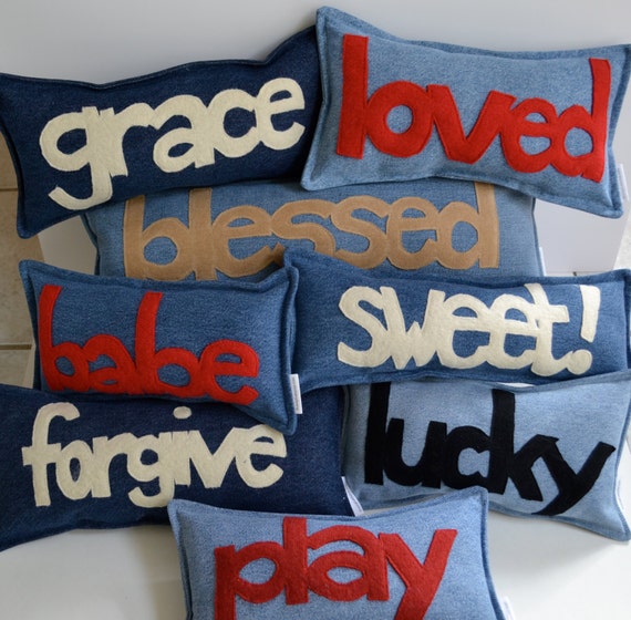 Items similar to Custom pillow, denim pillow with custom word or name