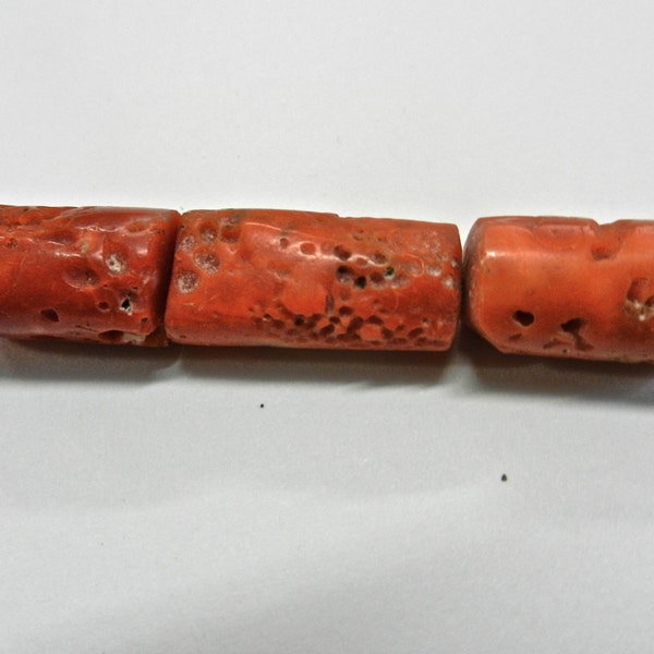 SALE Antique Set Of 3, Highly Textured, Mediterranean, Rich Red, Precious Coral, Solid Cylinder Beads Weighing 121.5 Carats & 3 1/16"  Total