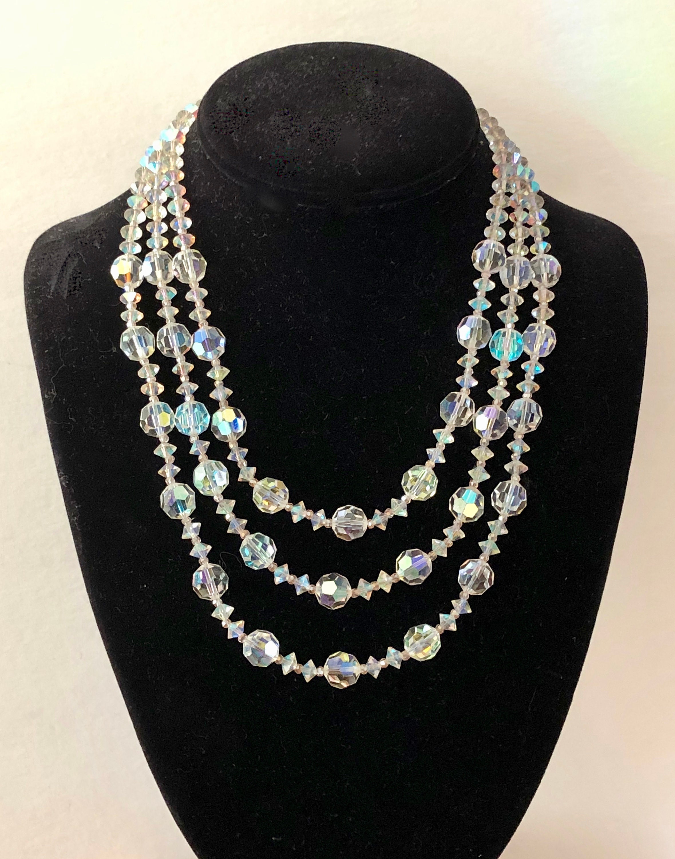 Collier Perles Vertes En Verre Cristal Taillé - Effet Boréalis/Boréal - Bon État - Occasion