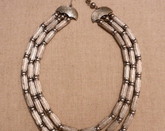 Vintage Silver Toned Beaded Collar Necklace: Three Strand Boho Design