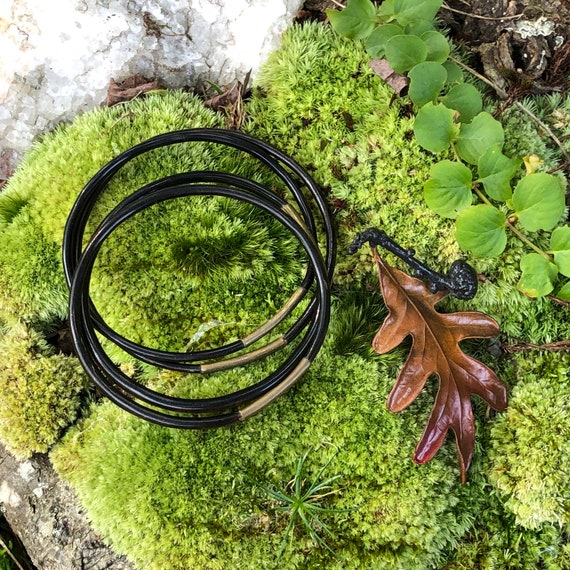 Vintage Black Coral Bangle Bracelet with Brass Tube or Copper Oak Leaf Brooch
