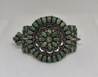 Signed, Collectible, Navajo, Juliana Williams & Martha Smiley Petit Point Green Turquoise Gem, Sterling Silver Bun Holder Barrette With Stem