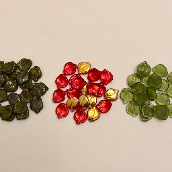 SALE 20 Pieces 14X12X3MM Czech Glass Leaf Beads In Opaque Green/ Picasso Finish, Red/ Metallic Finish Or Transparent Matte/Shiny Green Mix