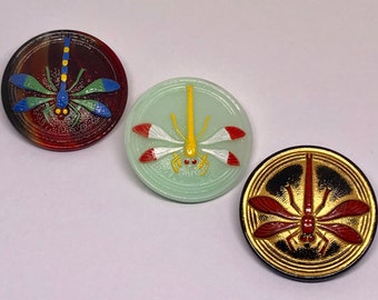 Bohemian, Round, Domed, Glass, Hand Painted Dragonfly Buttons 31mm With Metal Shank In 3 Colors For Clothing, Jewelry, Art & Embellishment