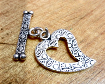 Hand Made 16 Gauge Sterling Silver Heart Toggle Clasp With Stamped Designs Sold Per Piece